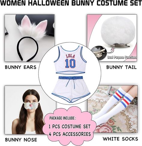 Women Lola #10 Halloween Bunny Costume Set Space Movie Jersey Outfit & Shorts with Bunny Ears Tail Socks White XS-XXL in Saudi Arabia