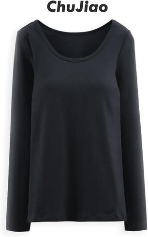 Womens Cotton Long Sleeve T-Shirt with Built in Padded Bra, Regular Fit Built in Shelf Bra Tops in Saudi Arabia