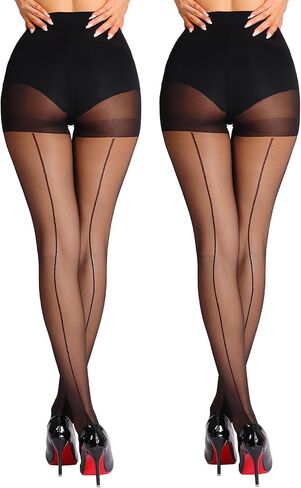 2 Pairs Sheer Backseam Tights for Women, Cuban Heel Stockings with Reinforced Toes & Control Top Pantyhose in Saudi Arabia