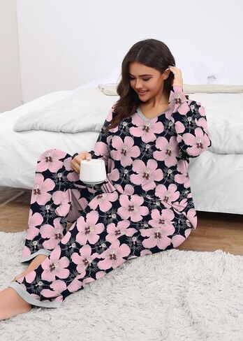 POSESHE Women’s Plus Size Pajama Sets Short Sleeve 2 Piece Summer Lounge Sleepwear Ladies Cute Pjs Sets with Pockets 2024 in Kuwait