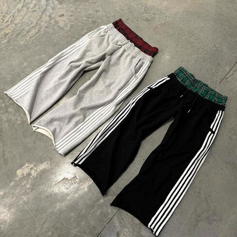 مزدوجة الخصر Sweatpants الرجال عادية مخطط الملاكم Sweatpants الشاهقة واسعة الساق السراويل العرق الفضفاضة مع الرباط المرن in Kuwait