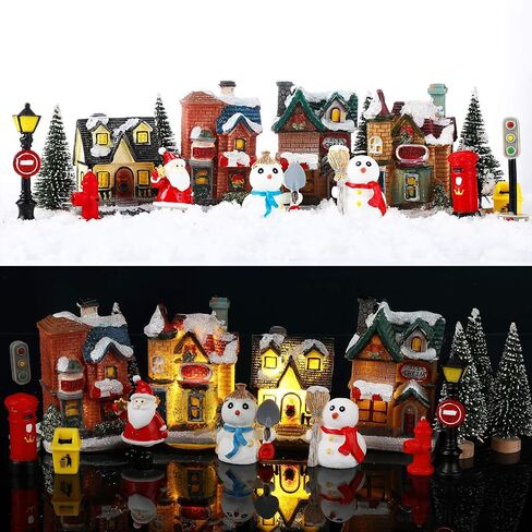 Skylety 16 Pieces Christmas Village Houses Set Decorations LED Lights Christmas Town Scene Desktop Ornaments Christmas Figurines Accessories Buildings Battery Operated Landscape Decor in Saudi Arabia