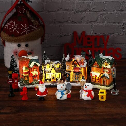 Skylety 16 Pieces Christmas Village Houses Set Decorations LED Lights Christmas Town Scene Desktop Ornaments Christmas Figurines Accessories Buildings Battery Operated Landscape Decor in Saudi Arabia