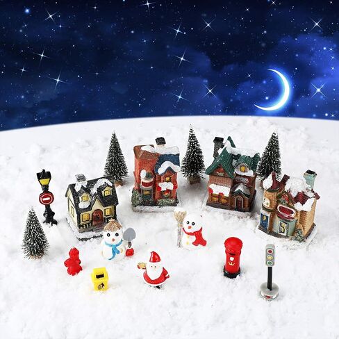 Skylety 16 Pieces Christmas Village Houses Set Decorations LED Lights Christmas Town Scene Desktop Ornaments Christmas Figurines Accessories Buildings Battery Operated Landscape Decor in Saudi Arabia