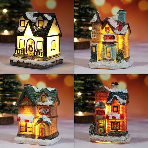 Skylety 16 Pieces Christmas Village Houses Set Decorations LED Lights Christmas Town Scene Desktop Ornaments Christmas Figurines Accessories Buildings Battery Operated Landscape Decor in Saudi Arabia