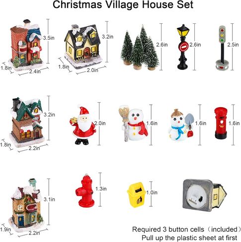 Skylety 16 Pieces Christmas Village Houses Set Decorations LED Lights Christmas Town Scene Desktop Ornaments Christmas Figurines Accessories Buildings Battery Operated Landscape Decor in Saudi Arabia