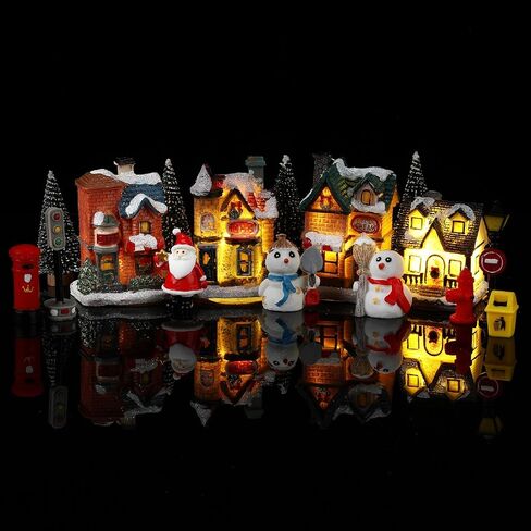 Skylety 16 Pieces Christmas Village Houses Set Decorations LED Lights Christmas Town Scene Desktop Ornaments Christmas Figurines Accessories Buildings Battery Operated Landscape Decor in Saudi Arabia