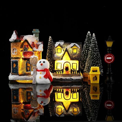 Skylety 16 Pieces Christmas Village Houses Set Decorations LED Lights Christmas Town Scene Desktop Ornaments Christmas Figurines Accessories Buildings Battery Operated Landscape Decor in Saudi Arabia