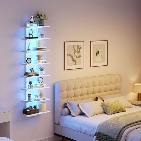 6 Tier Wall Shelf Unit with LED Light, Black Floating Shelf, Vertical Display Shelf, Wall Decor for Bedroom Living Room, Vanity, 15" W x 5.9" D x 43.3" H in Saudi Arabia