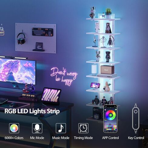 6 Tier Wall Shelf Unit with LED Light, Black Floating Shelf, Vertical Display Shelf, Wall Decor for Bedroom Living Room, Vanity, 15" W x 5.9" D x 43.3" H in Saudi Arabia