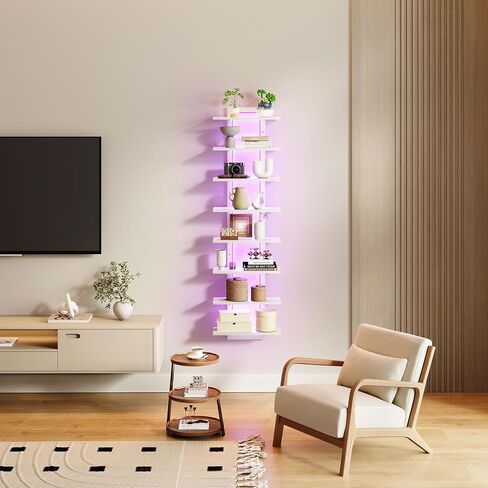 6 Tier Wall Shelf Unit with LED Light, Black Floating Shelf, Vertical Display Shelf, Wall Decor for Bedroom Living Room, Vanity, 15" W x 5.9" D x 43.3" H in Saudi Arabia