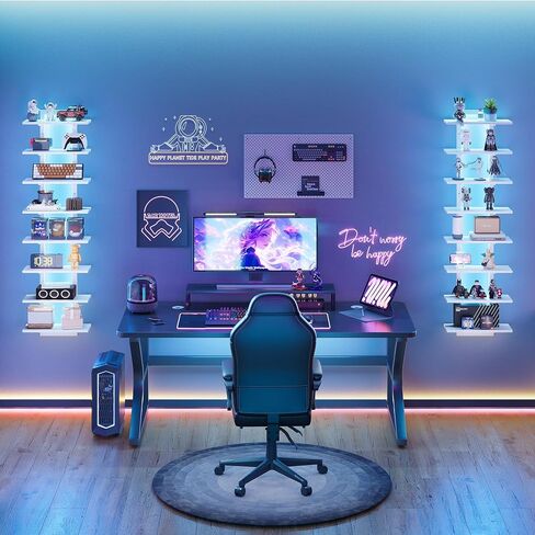6 Tier Wall Shelf Unit with LED Light, Black Floating Shelf, Vertical Display Shelf, Wall Decor for Bedroom Living Room, Vanity, 15" W x 5.9" D x 43.3" H in Saudi Arabia