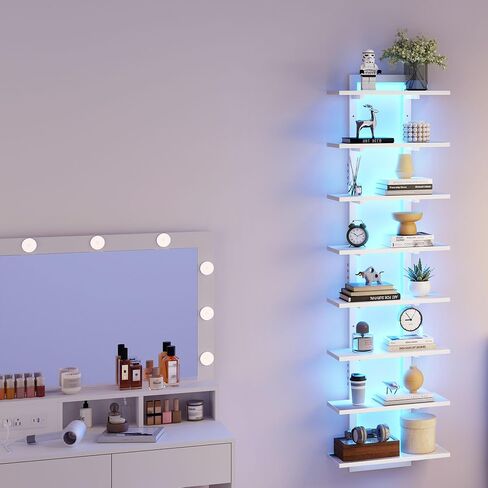 6 Tier Wall Shelf Unit with LED Light, Black Floating Shelf, Vertical Display Shelf, Wall Decor for Bedroom Living Room, Vanity, 15" W x 5.9" D x 43.3" H in Saudi Arabia