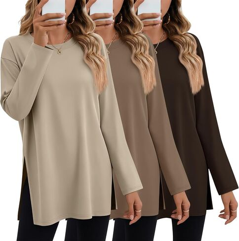 Huukeay 3 حزمة قمصان كبيرة الحجم طويلة الأكمام للنساء القطن تجريب الجانب سبليت الصالة الرياضية Crewneck قمم فضفاضة الأساسية المحملة الخريف in Kuwait