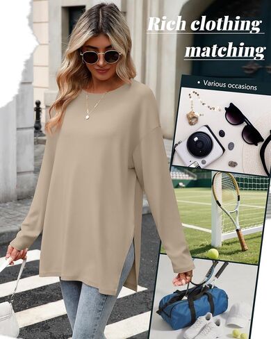 Huukeay 3 حزمة قمصان كبيرة الحجم طويلة الأكمام للنساء القطن تجريب الجانب سبليت الصالة الرياضية Crewneck قمم فضفاضة الأساسية المحملة الخريف in Kuwait