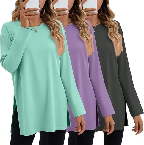 Huukeay 3 حزمة قمصان كبيرة الحجم طويلة الأكمام للنساء القطن تجريب الجانب سبليت الصالة الرياضية Crewneck قمم فضفاضة الأساسية المحملة الخريف in Kuwait