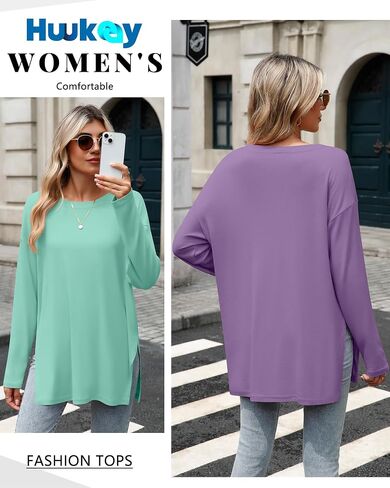 Huukeay 3 حزمة قمصان كبيرة الحجم طويلة الأكمام للنساء القطن تجريب الجانب سبليت الصالة الرياضية Crewneck قمم فضفاضة الأساسية المحملة الخريف in Kuwait