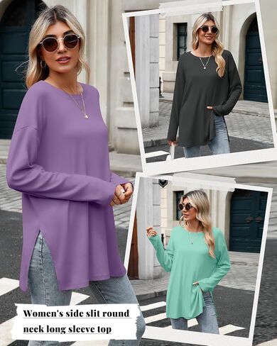Huukeay 3 حزمة قمصان كبيرة الحجم طويلة الأكمام للنساء القطن تجريب الجانب سبليت الصالة الرياضية Crewneck قمم فضفاضة الأساسية المحملة الخريف in Kuwait