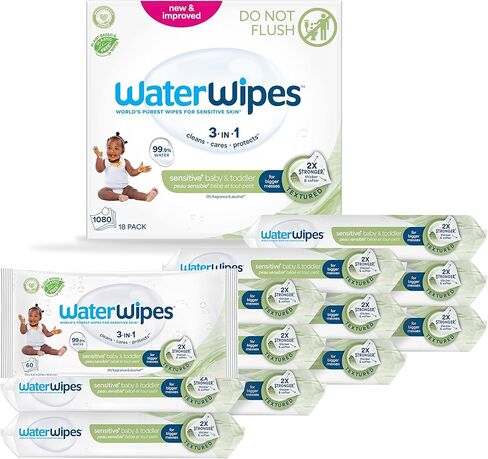 WaterWipes، خالية من البلاستيك، مناديل مبللة نظيفة للأطفال والرضع، 99.9% مناديل مبللة مائية، غير معطرة ولا تسبب الحساسية للبشرة الحساسة، 60 قطعة (عبوة واحدة) in Kuwait