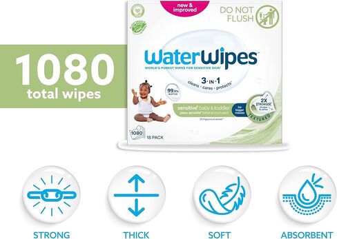 WaterWipes، خالية من البلاستيك، مناديل مبللة نظيفة للأطفال والرضع، 99.9% مناديل مبللة مائية، غير معطرة ولا تسبب الحساسية للبشرة الحساسة، 60 قطعة (عبوة واحدة) in Kuwait