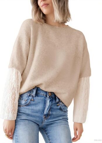 Women's Lace Long Sleeve Sweater Crewneck Casual Loose Ribbed Knit Top in Saudi Arabia