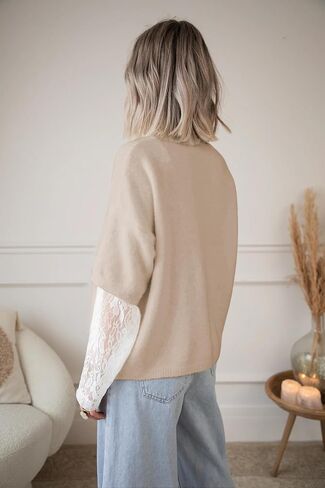 Women's Lace Long Sleeve Sweater Crewneck Casual Loose Ribbed Knit Top in Saudi Arabia