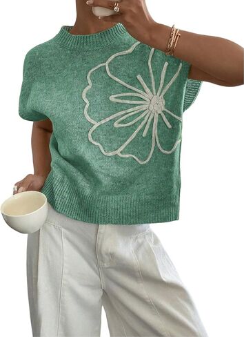 Women's Vest Cap Sleeve Crop Sweater Floral Crew Neck Lightweight Cute Pull Over Sweaters Fall and Spring 2025 in Kuwait