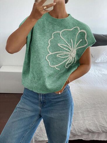 Women's Vest Cap Sleeve Crop Sweater Floral Crew Neck Lightweight Cute Pull Over Sweaters Fall and Spring 2025 in Kuwait