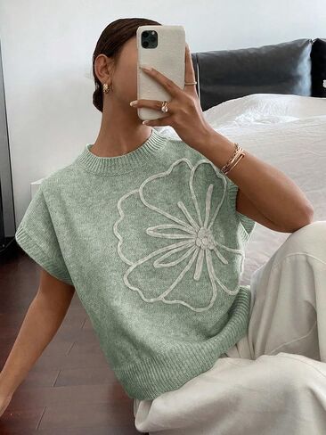 Women's Vest Cap Sleeve Crop Sweater Floral Crew Neck Lightweight Cute Pull Over Sweaters Fall and Spring 2025 in Kuwait