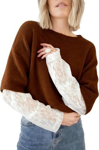 Women's Lace Long Sleeve Sweater Crewneck Casual Loose Ribbed Knit Top in Saudi Arabia