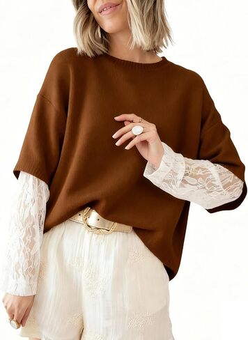 Women's Lace Long Sleeve Sweater Crewneck Casual Loose Ribbed Knit Top in Saudi Arabia