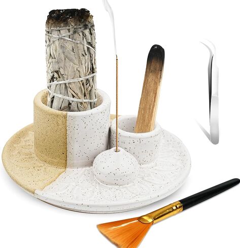 Incense Holder 5 in 1 Incense Burner Holder Sage Holder for Burning Palo Santo Holder with Handle 5.9 Inch Ceramic Incense Burner Ash Catcher Tray for Meditation Yoga Room in Saudi Arabia