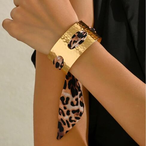 Long tiantian Scarf Bracelet Leopard Scarf Bracelet Cheetah Print Dress Gold Cuff Bandana Bracelets for Women Silk Tie Bracelets Colorful Scarfs for Women Trendy in Saudi Arabia