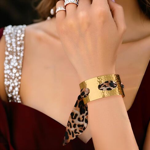 Long tiantian Scarf Bracelet Leopard Scarf Bracelet Cheetah Print Dress Gold Cuff Bandana Bracelets for Women Silk Tie Bracelets Colorful Scarfs for Women Trendy in Saudi Arabia