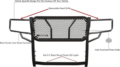 Black Horse Rugged Heavy Duty Grille Brush Bumper Guard Modular Black Come with Pair of 5.3" LED Lights Compatible with 2019-2025 Dodge Sprinter-Benz Sprinter 1500/2500/3500-RU-DOSP19-B-PLFB in Saudi Arabia