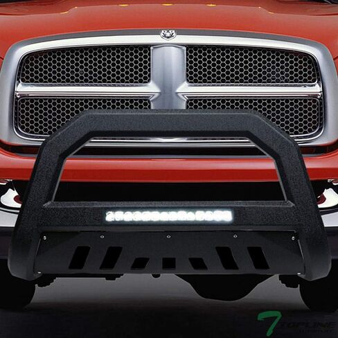 Textured Black AVT Style Aluminum LED Light Bull Bar Brush Push Front Bumper Grille Guard with Skid Plate Compatible with 02-05 Dodge Ram 1500/06-08 1500 Mega (Extended Crew) Cab / 03-09 2500 3500 in Saudi Arabia