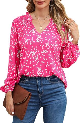 BLENCOT Women's Casual Boho Floral Print Chiffon Blouses Smocked V Neck Long Sleeve Loose Tops Shirts in Kuwait