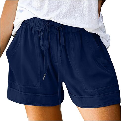 Cotton Shorts for Women Loose Fit Plus Size Drawstring Elastic Waist Summer Casual Shorts with Pockets Beach Clothes in Saudi Arabia