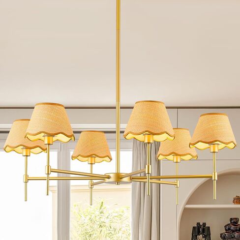 Farmhouse Rattan Chandelier 6-Light Boho Pendant Lamp 37.5‘’ Large Brushed Nickel Chandelier Light Fixture with Height Adjustable Hanging Pole for Dining Room, Living Room, Bedroom, E12 Base in Saudi Arabia