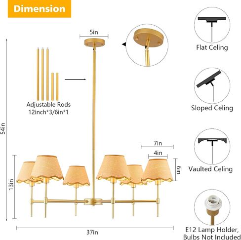 Farmhouse Rattan Chandelier 6-Light Boho Pendant Lamp 37.5‘’ Large Brushed Nickel Chandelier Light Fixture with Height Adjustable Hanging Pole for Dining Room, Living Room, Bedroom, E12 Base in Saudi Arabia