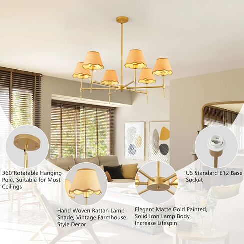 Farmhouse Rattan Chandelier 6-Light Boho Pendant Lamp 37.5‘’ Large Brushed Nickel Chandelier Light Fixture with Height Adjustable Hanging Pole for Dining Room, Living Room, Bedroom, E12 Base in Saudi Arabia
