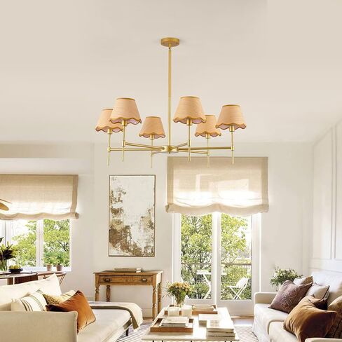 Farmhouse Rattan Chandelier 6-Light Boho Pendant Lamp 37.5‘’ Large Brushed Nickel Chandelier Light Fixture with Height Adjustable Hanging Pole for Dining Room, Living Room, Bedroom, E12 Base in Saudi Arabia
