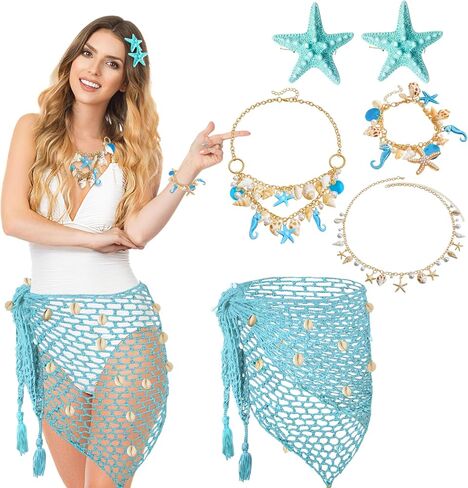 6Pcs Mermaid Cosplay Costume for Women Crochet Skirt Necklace Starfish Hair Clip Accessories for Halloween Costumes Cosplay in Kuwait