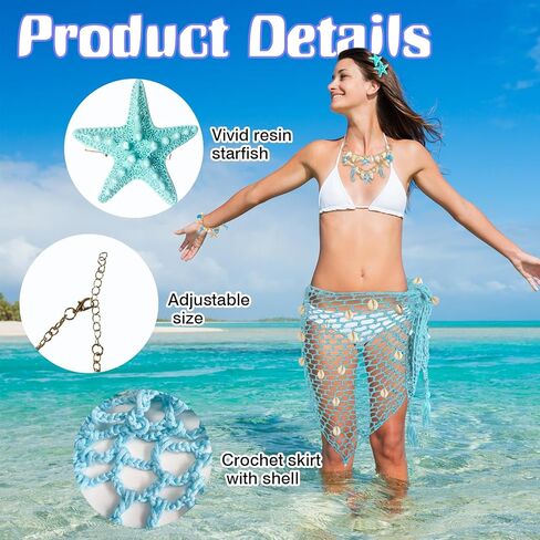 6Pcs Mermaid Cosplay Costume for Women Crochet Skirt Necklace Starfish Hair Clip Accessories for Halloween Costumes Cosplay in Kuwait