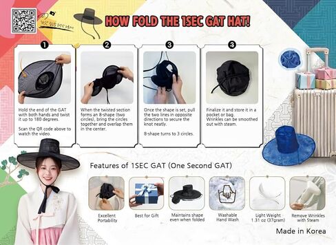 [1SEC GAT] Quick-Fold Korean Traditional Hat for K-Drama Cosplay Gift & Performance in Saudi Arabia