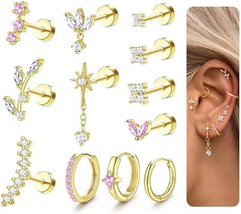 ORAZIO 16G Helix Piercing Jewelry Flat Back Cartilage Earrings for Women Hypoallergenic Surgical Stainless Steel Stud Hoop Cartilage Earring Set Daith Conch Tragus Piercing Jewelry Flatback Single Pc in Kuwait