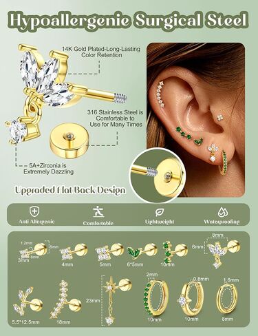 ORAZIO 16G Helix Piercing Jewelry Flat Back Cartilage Earrings for Women Hypoallergenic Surgical Stainless Steel Stud Hoop Cartilage Earring Set Daith Conch Tragus Piercing Jewelry Flatback Single Pc in Saudi Arabia