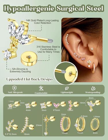 ORAZIO 16G Helix Piercing Jewelry Flat Back Cartilage Earrings for Women Hypoallergenic Surgical Stainless Steel Stud Hoop Cartilage Earring Set Daith Conch Tragus Piercing Jewelry Flatback Single Pc in Kuwait
