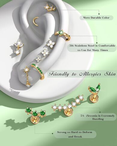 ORAZIO 16G Helix Piercing Jewelry Flat Back Cartilage Earrings for Women Hypoallergenic Surgical Stainless Steel Stud Hoop Cartilage Earring Set Daith Conch Tragus Piercing Jewelry Flatback Single Pc in Saudi Arabia