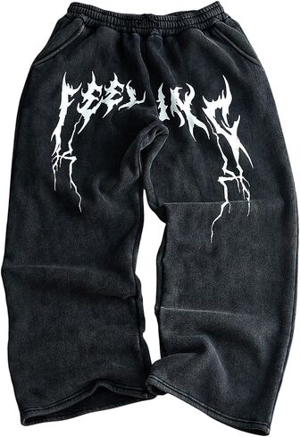 Men's Graphic Baggy Sweatpants Y2K Goth Wide Leg Track Pants Elastic Waist Sports Trousers Streetwear in Saudi Arabia